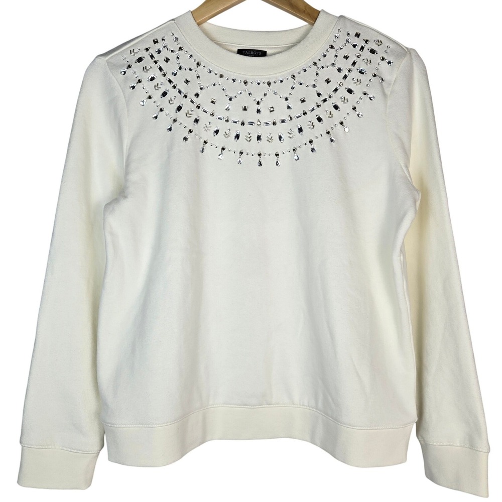 Talbots Petite Medium Ivory Embellished Beaded Fair Isle Crewneck Sweatshirt MP